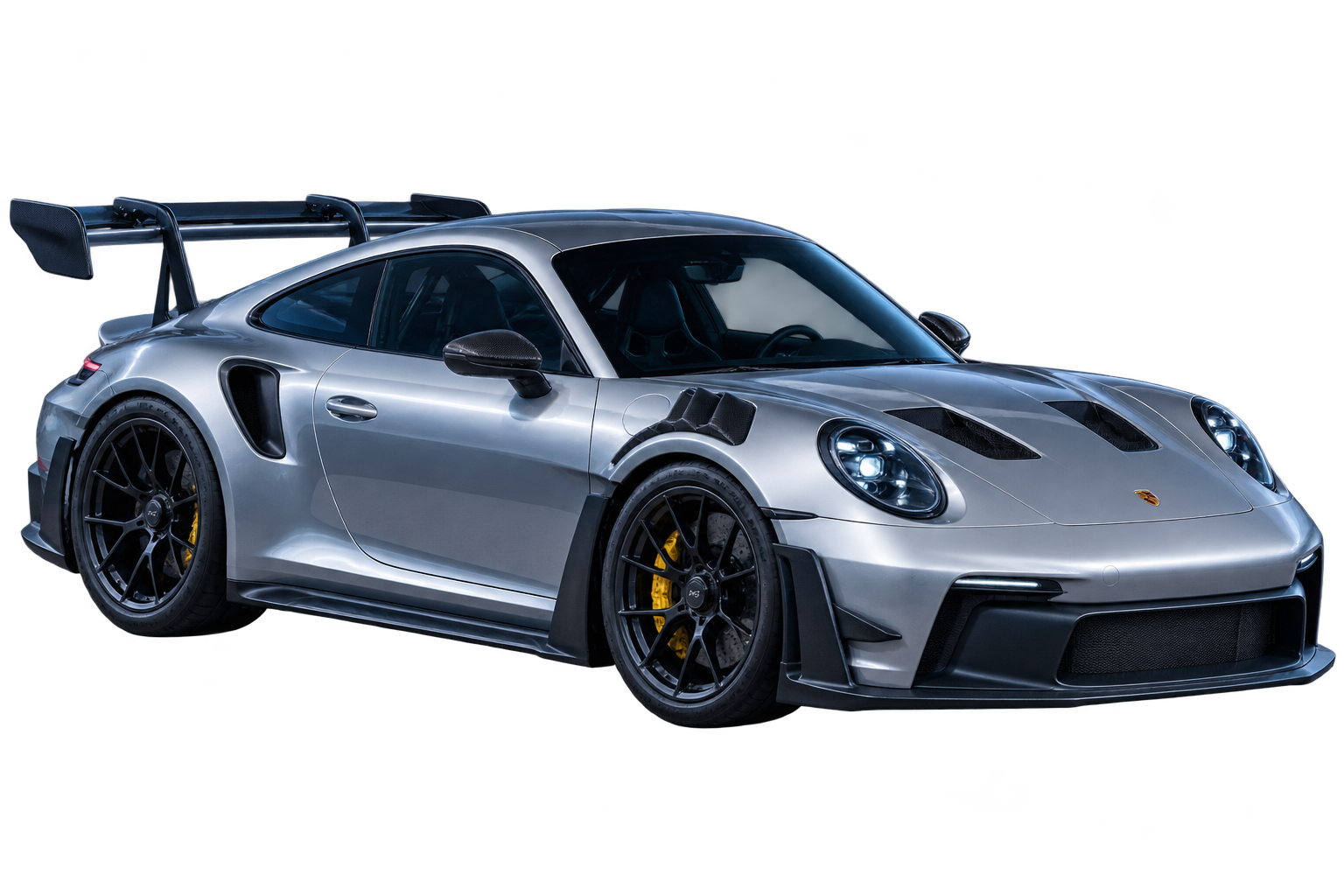 Silver Porsche 911 GT3 RS moving through a conceptual trackside scene